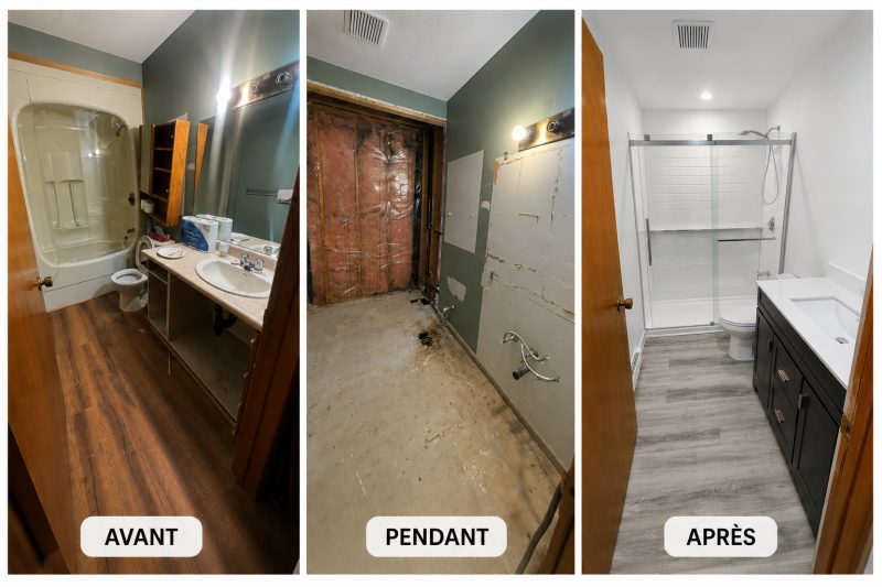 Rénovation complète de salle de bain — avant, pendant et après
